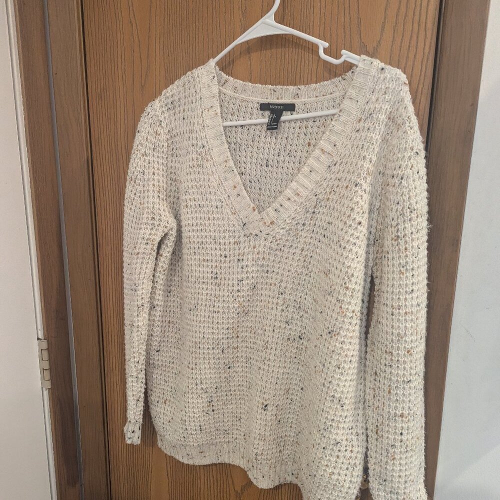 Forever‎ 21 Pullover Vneck Knit Sweater Speckled Neutral Cream-L